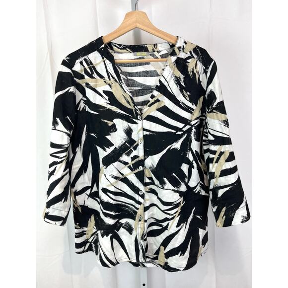 DOLCEZZA Printed Button Front Shirt 3/4 Sleeve Black White Tan Estimated L XL - Picture 1 of 8